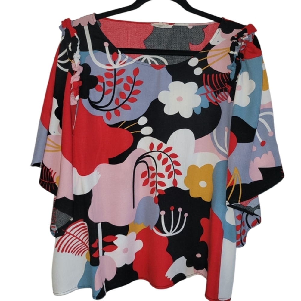 Sz Large JODIFL Oversized Colorful Floral Artsy Flutter 3/4 Bell Sleeve Blouse - Picture 3 of 6